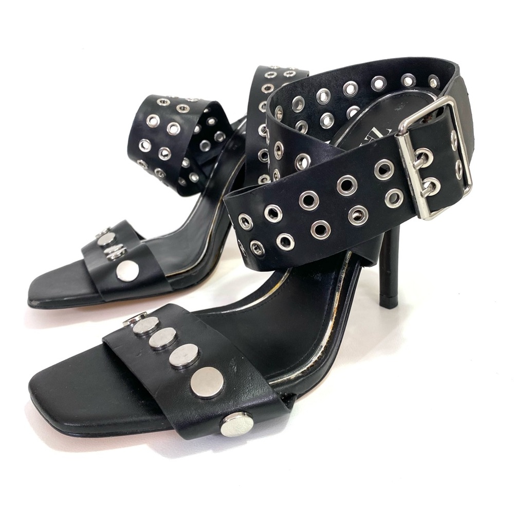 Zara Ankle Wrap Studded Heels 6.5 / 37 Black Open Toe Stilettos Heel